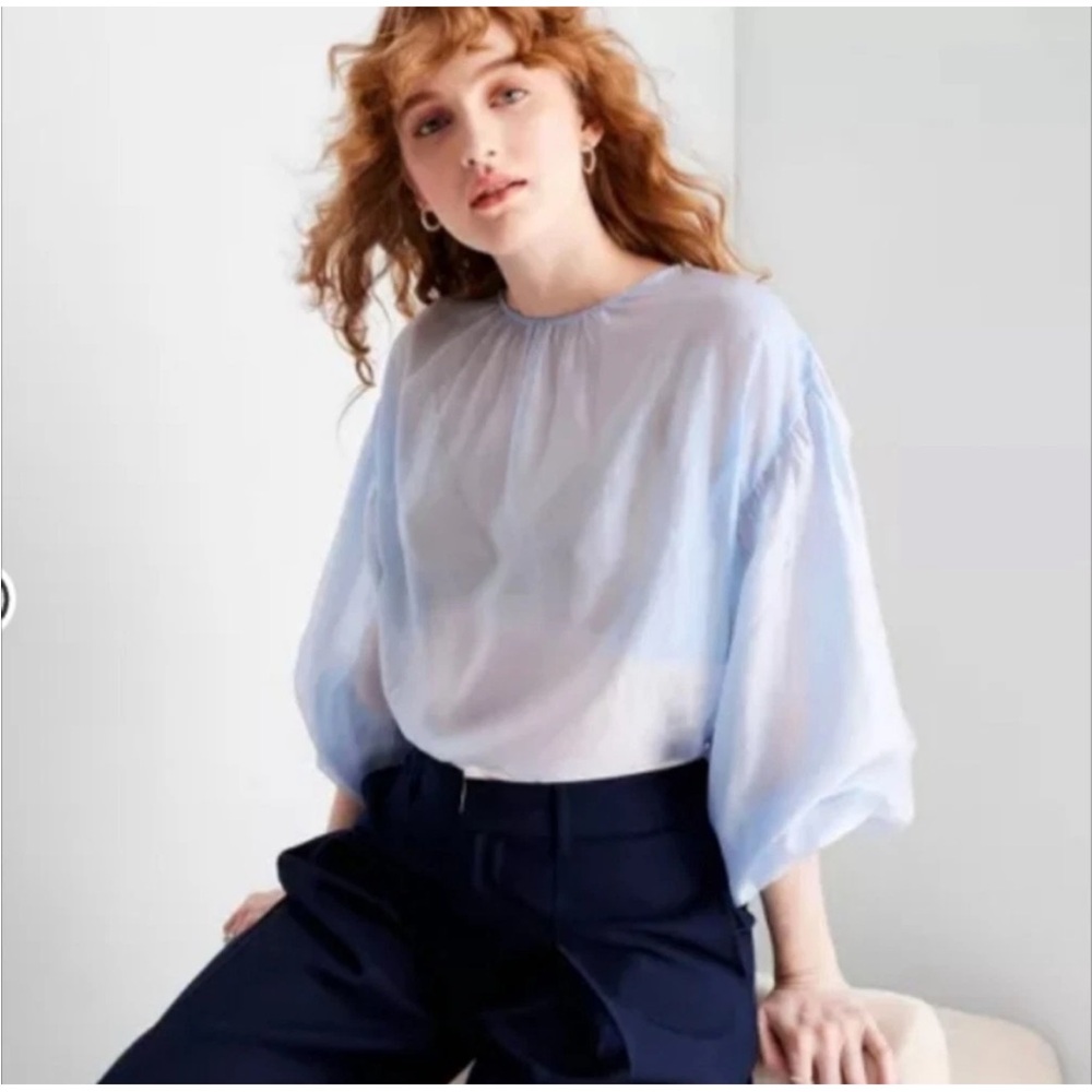 Future Collective Bohemian Sheer Balloon Blue Puff Sleeve Blouse | NWT - Picture 2 of 14